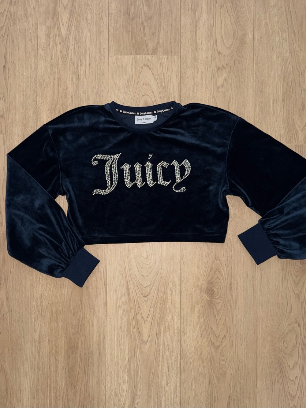 Juicy Couture Navy Velour Cropped Sweatshirt with Rhinestone Logo